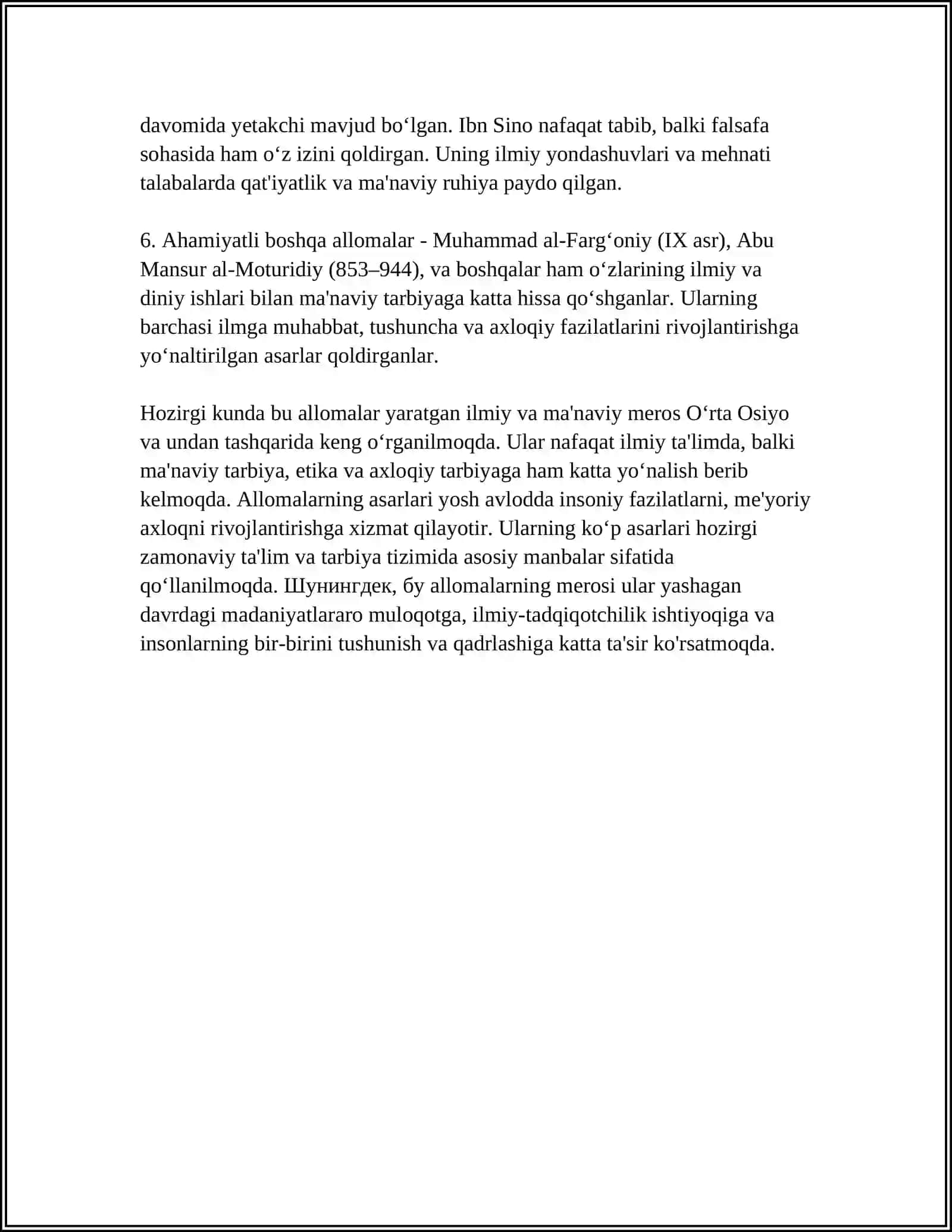 YUKSAK MA'NAVIYATLI YOSHLARNI TARBIYALASHDA O'RTA OSIYO ALLOMALARI ILMIY MEROSINING O'RNI (ALLOMALAR IJODI VA FAOLIYATI MISOLIDA MAVZUSIDA DOKLAD TAYYORLSH 4