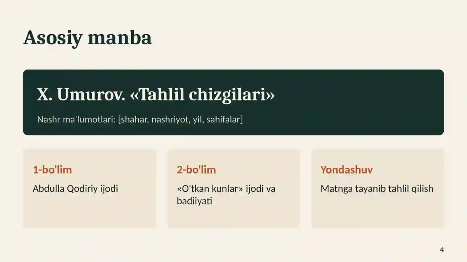 Abdulla Qodiriy ijodi va «O'tkan kunlar» badiiyati 4