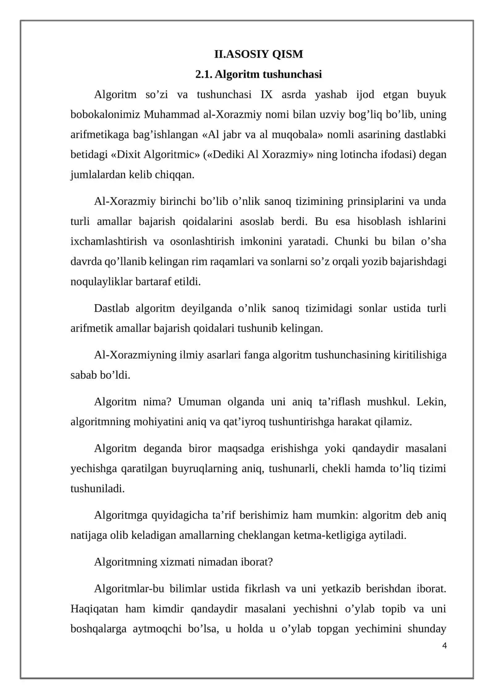 Algoritm tushunchasi va uning xarakterli xususiyatlari 4