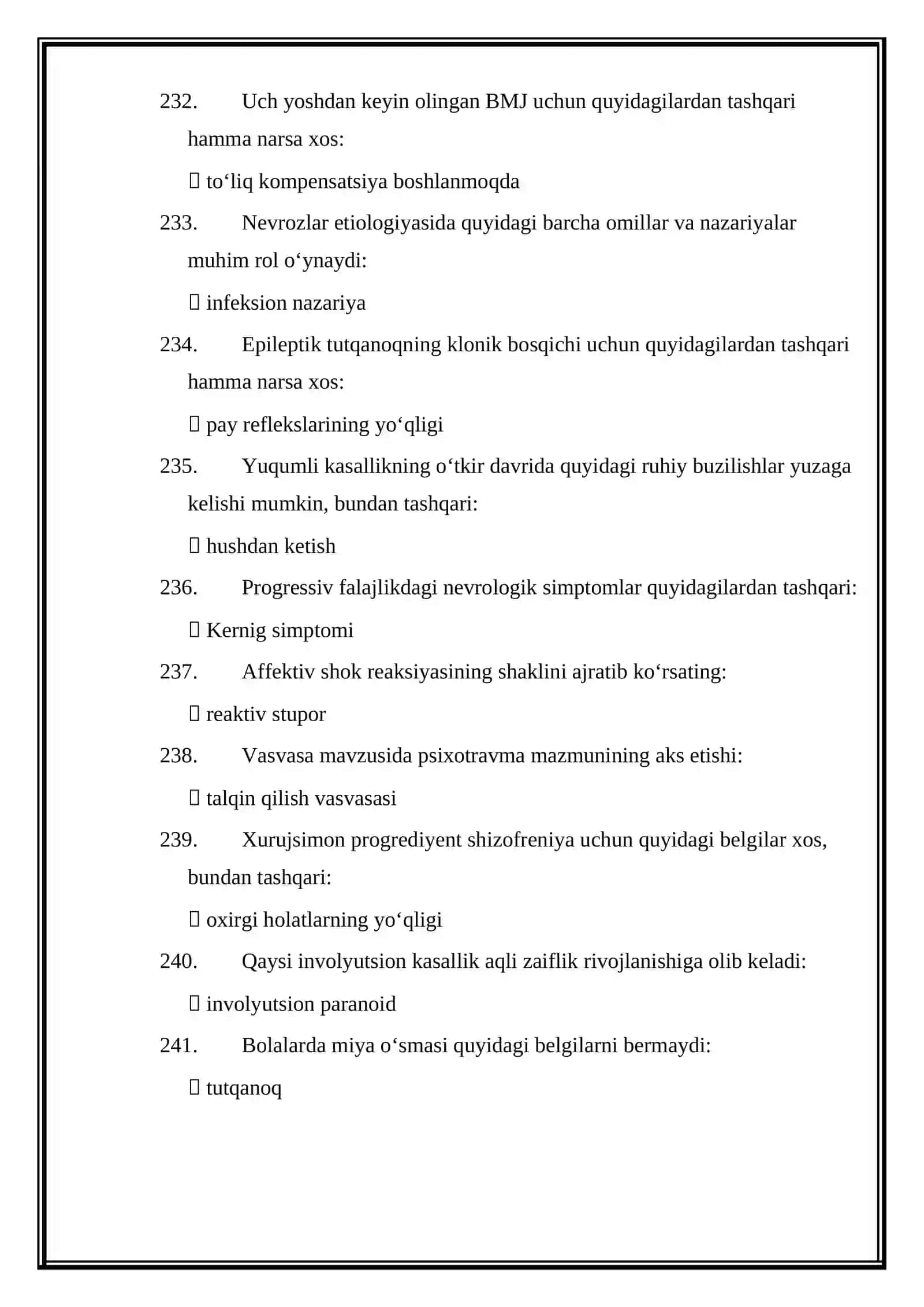 PSIXIATRIYA MUTAXASSISLIGI BOʻYICHA SHAKLLANTIRILGAN TEST SAVOLLARI VA ULARNING JAVOBLARI ARGOS 4