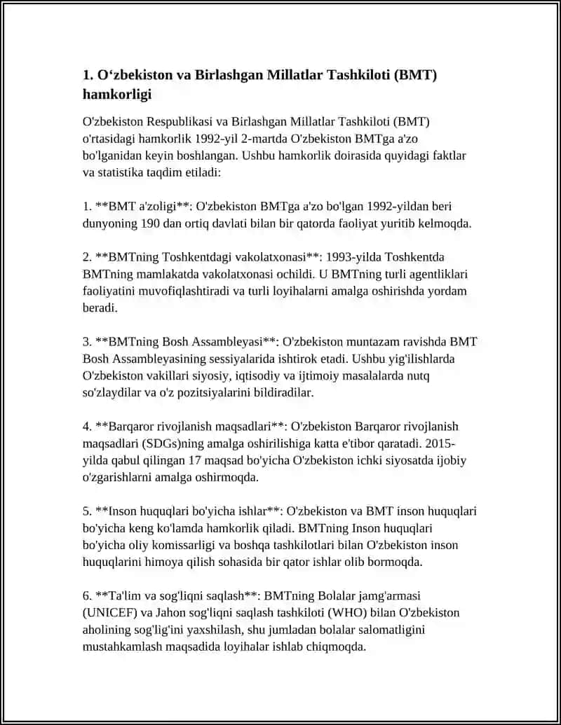 O'ZBEKISTONNING XALQARO TASHKILOTLAR BILAN HAMKORLIK ALOQALARI 4