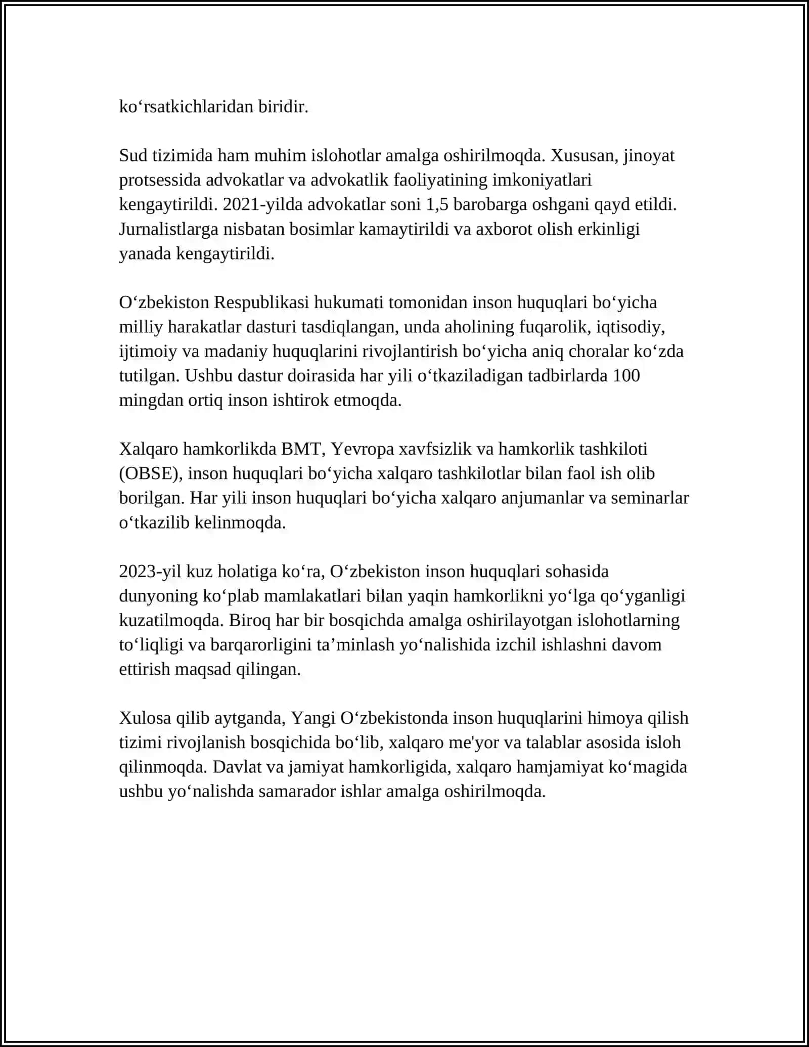 YANGI OʻZBEKISTONDA INSON HAQ-HUQUQLARI VA ERKINLIKLARI KAFOLATINING YARATILISHI 4