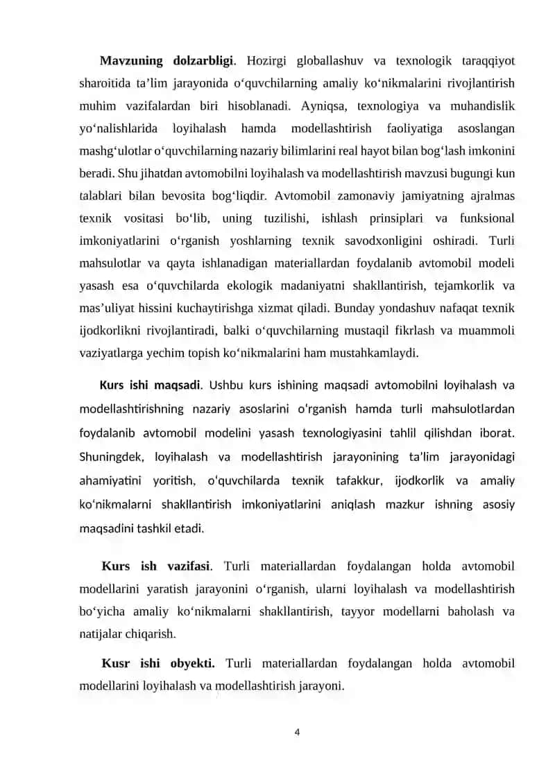 Avtomobilni loyihalash va modellashtirish hamda turli materiallardan foydalanib avtomobil modelini yaratish texnologiyasi 4