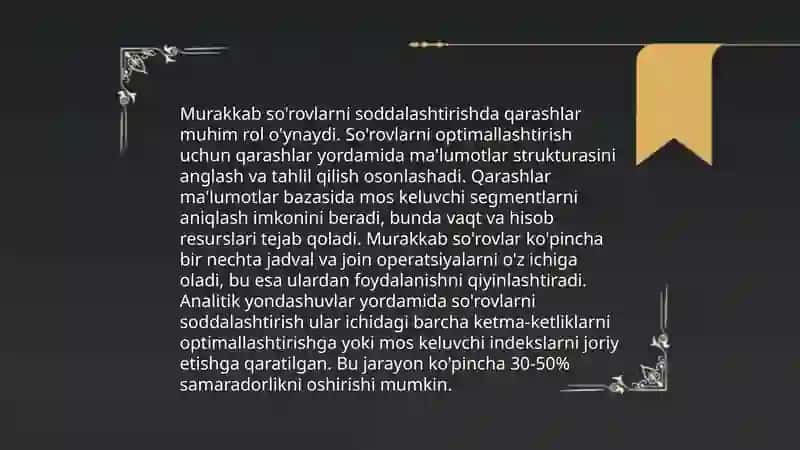 Qarashlar (Views) yaratish va qo'llash: Qarashlar yordamida murakkab so'rovlarni soddalashtirish, qarashlarni yaratish va boshqarish. 4