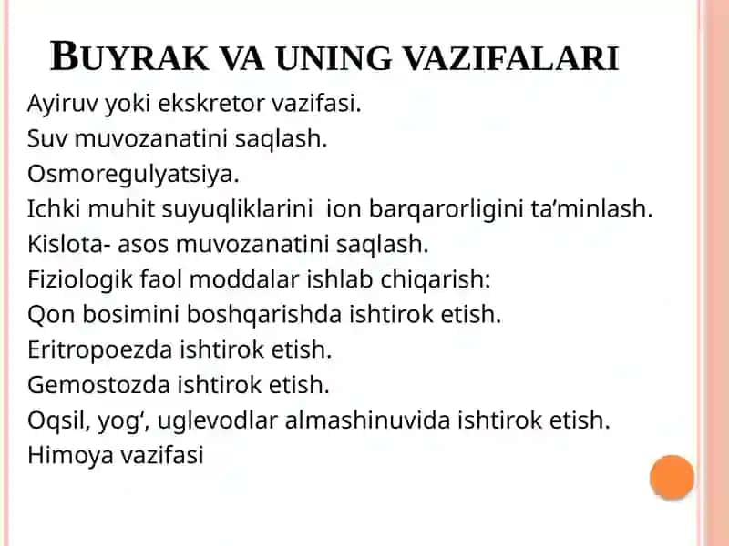 ichki muhitning tarkibi va xajmi boshqarishda buyraklarning ahamiyati. siydik konsentratsiyasi va xu 4