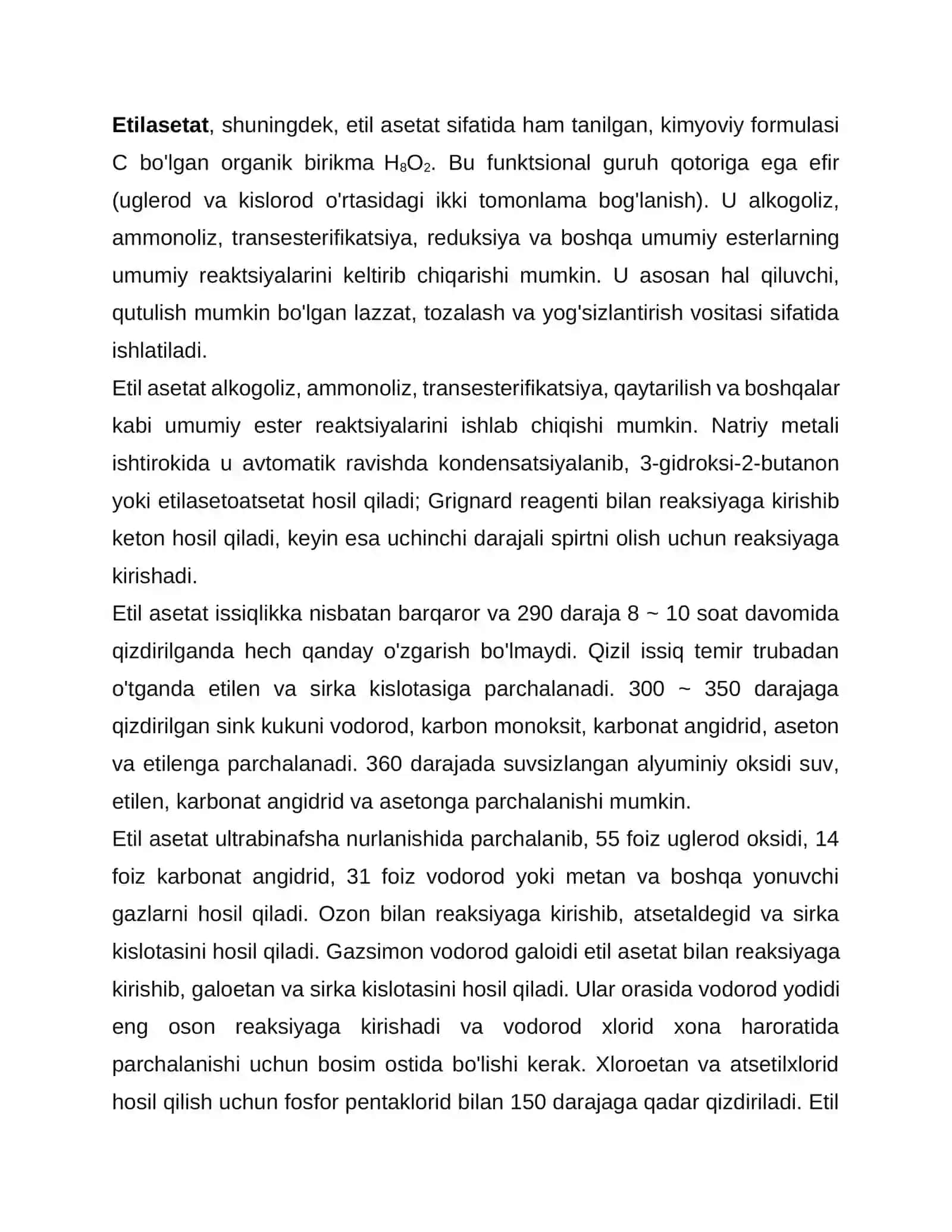 Eterifikatsiya jarayoni asosida etil atsesat ishlab chiqarish kimyosi va texnologiyasidagi efilizatorni hisoblash 4