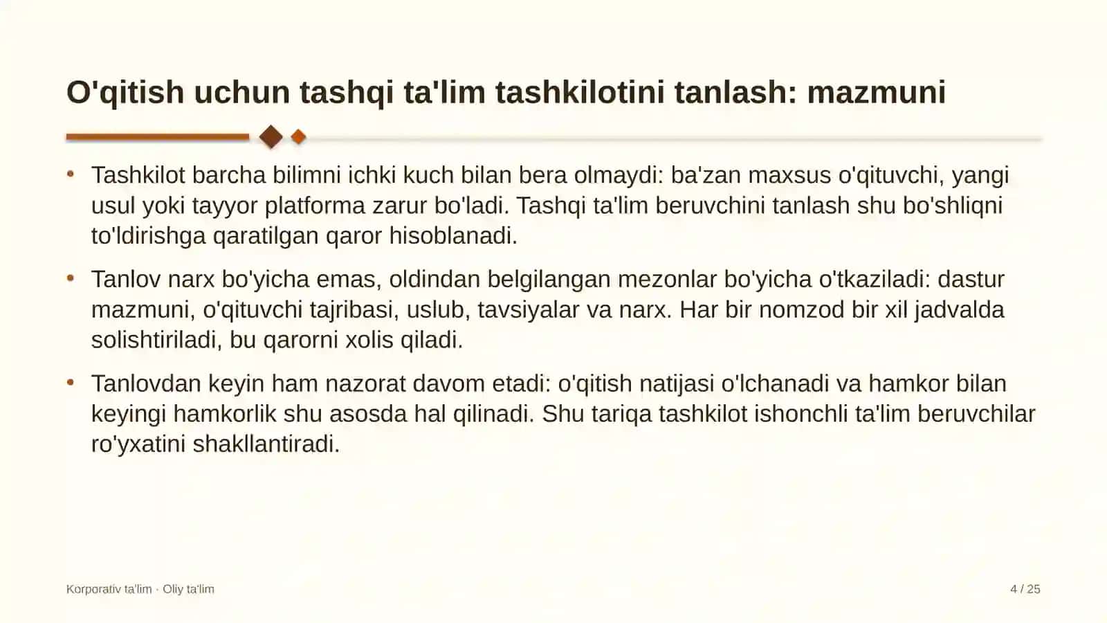 Dasturiy mahsulot kompaniyalarida o'qitish uchun tashqi ta'lim tashkilotlarini tanlash 4