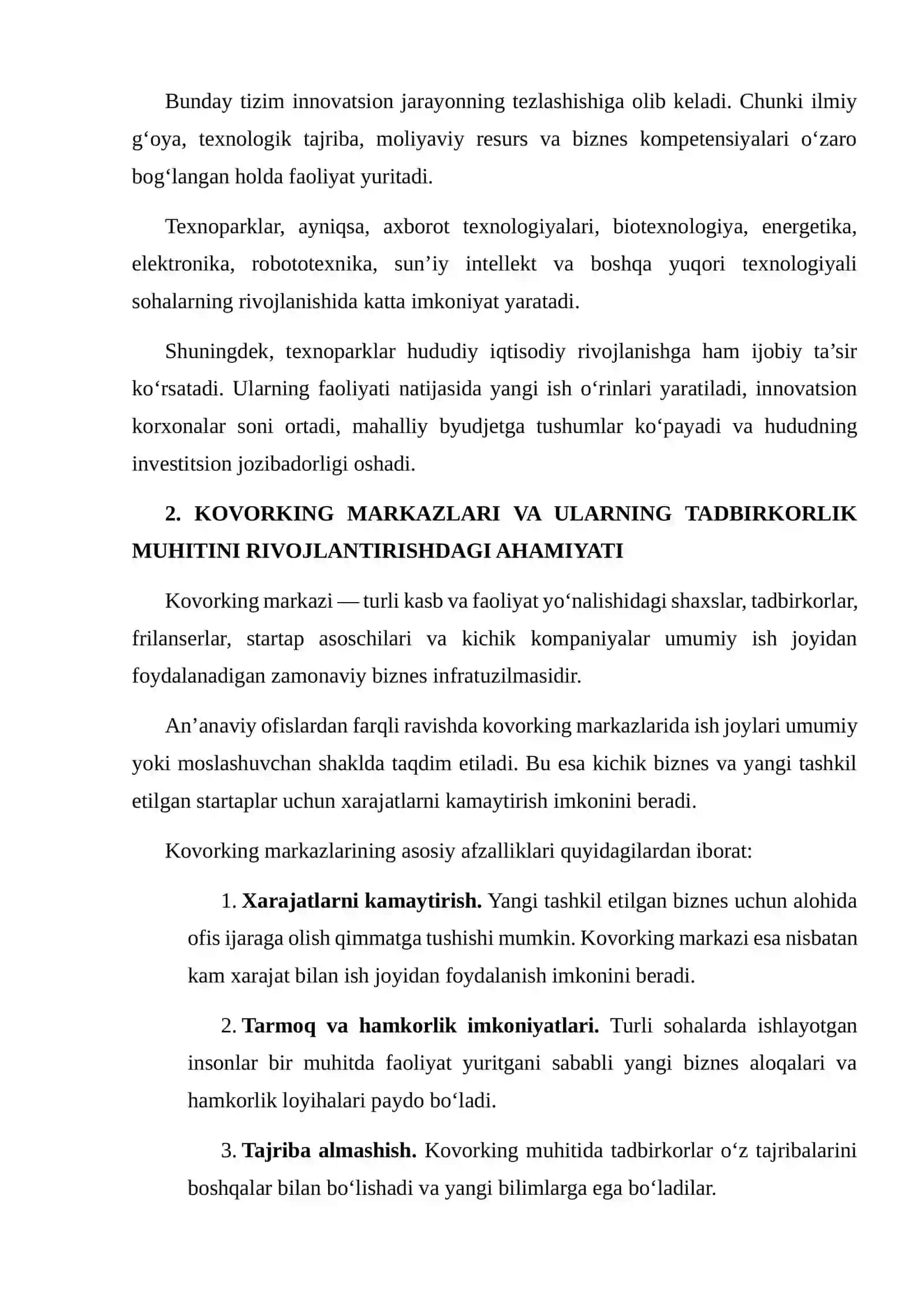 TEXNOPARKLAR, KOVORKING MARKAZLARI VA ERKIN IQTISODIY ZONALAR INNOVATSIYALAR DRAYVERI SIFATIDA 4