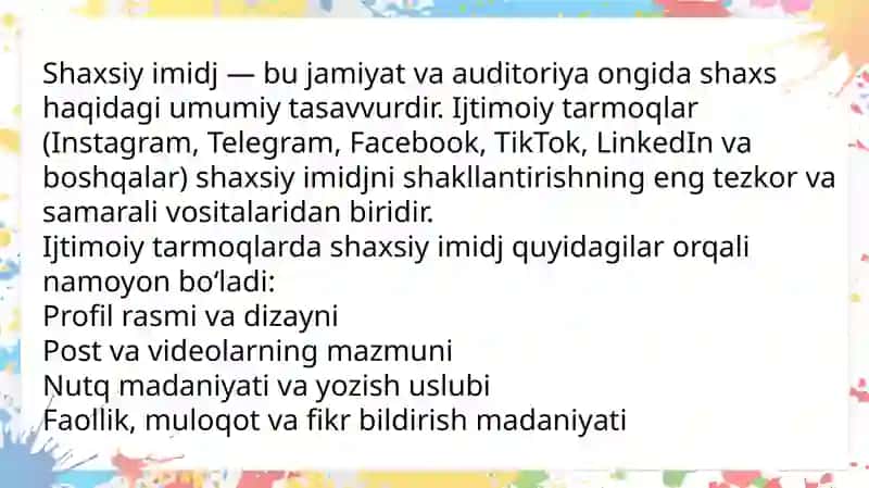 Mustaqil ta'lim "Self-bradin va ijtimoiy tarmoqlarda shaxsiy imidj" 4