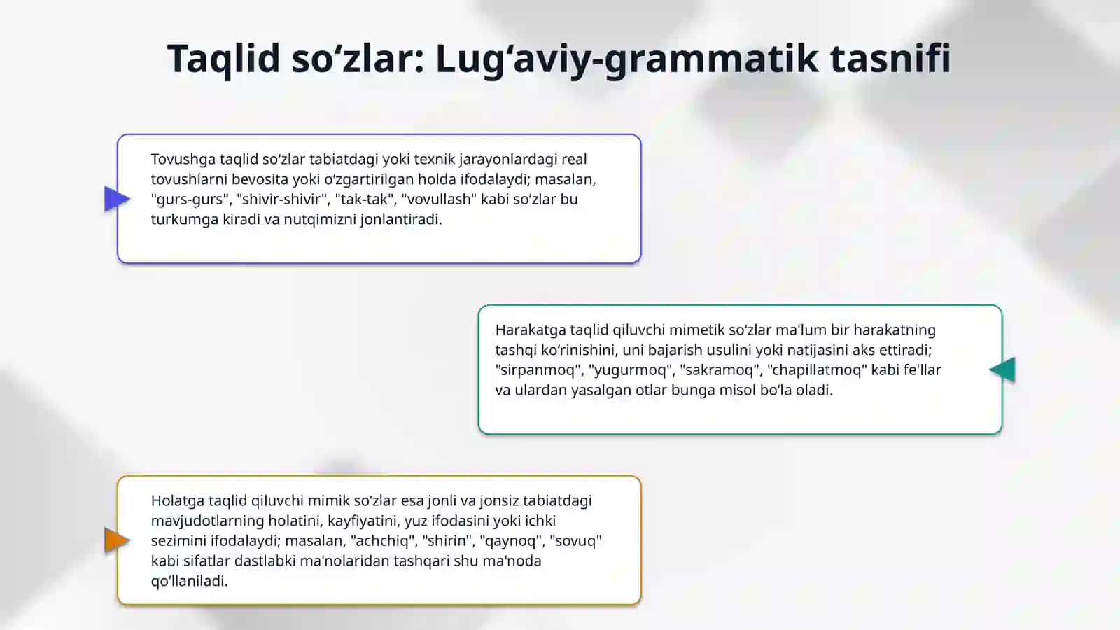 Taqlid so‘zlar. Ularning grammatik xususiyatlari, otlanishi, 4