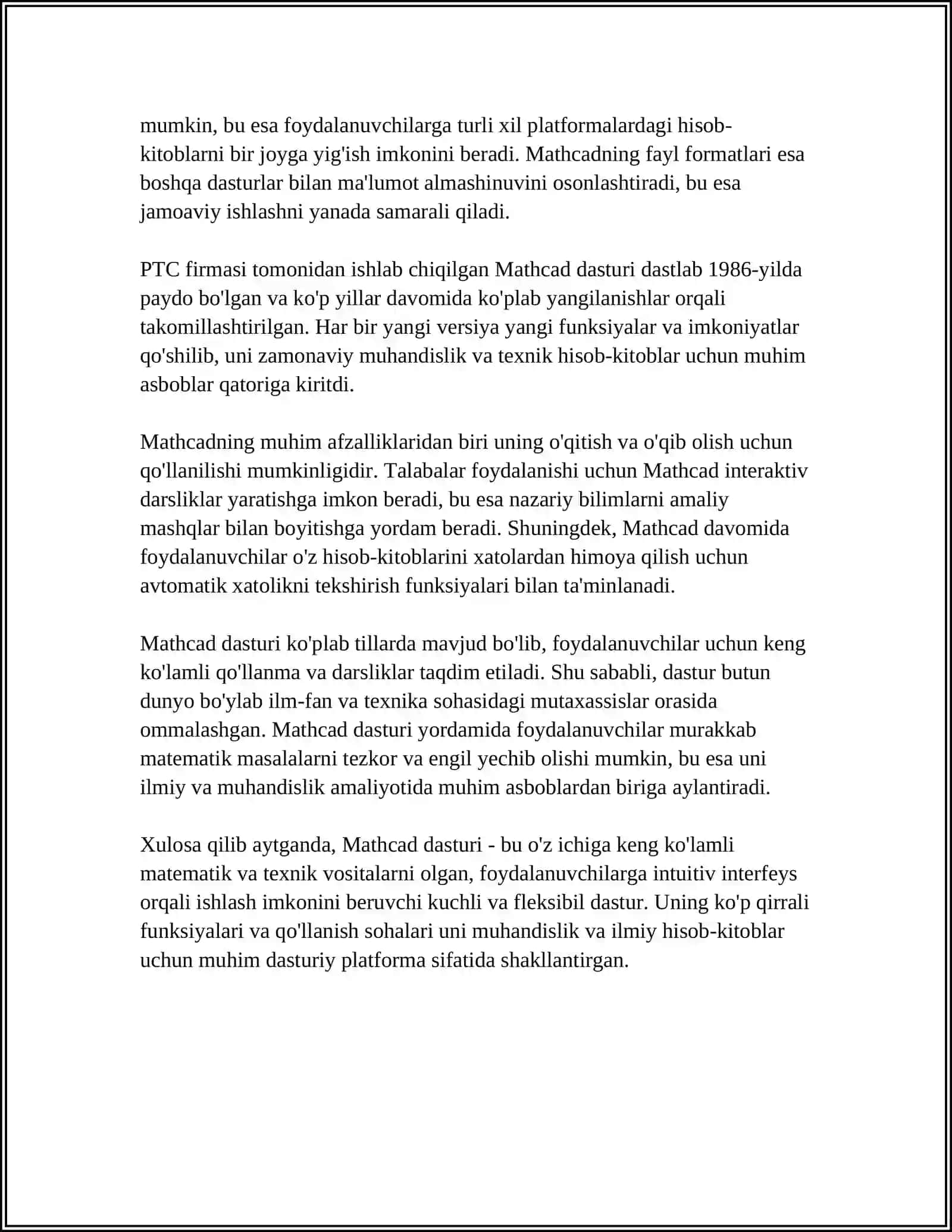 MUSTAQIL ISH Mavzu: MATHCAD SIMULIZATSIYA MUHITI HAQIDA TUCHUNCHA BERING 4