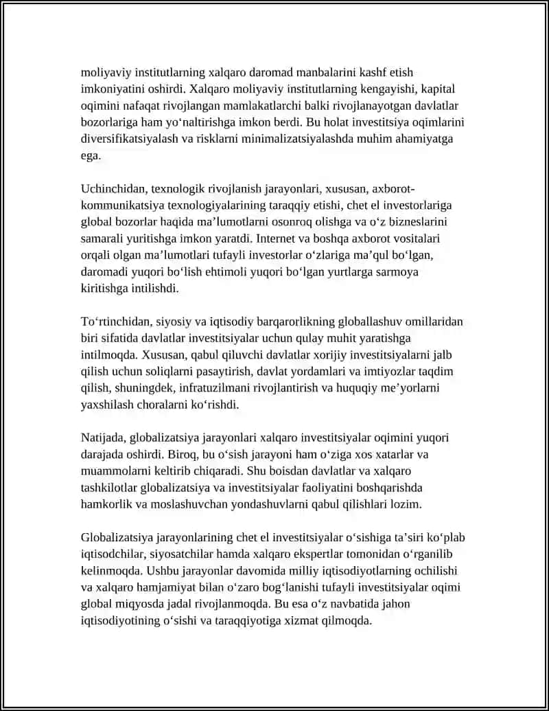 GLOBALIZATSIYA JARAYONLARNING INVESTITSIYASI RIVOJLANTIRISHGA TASIRI 4