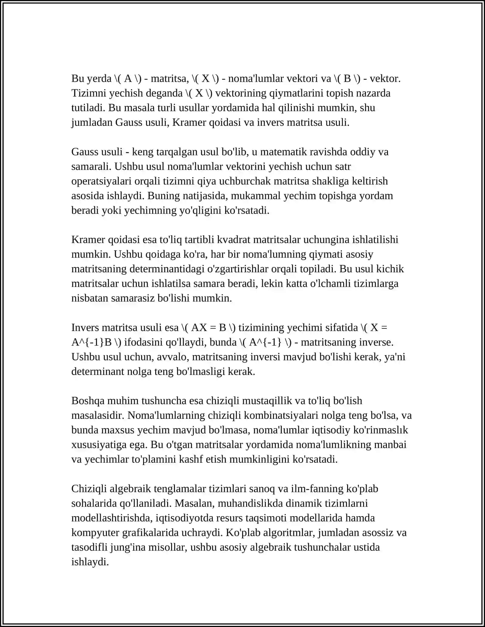 BIR JISNLI CHIZIQLI ALGEBRAIK TENGLAMALAR SISTEMASINING FUNDAMENTAL YECHIMLARI 4