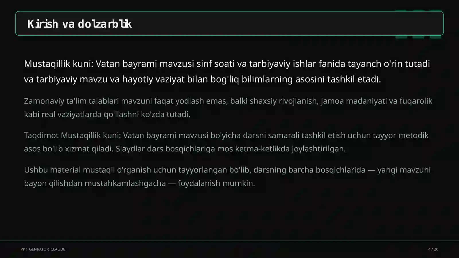 Mustaqil O'rganish Uchun Sinf Soati va Tarbiyaviy Tadbirlar 4
