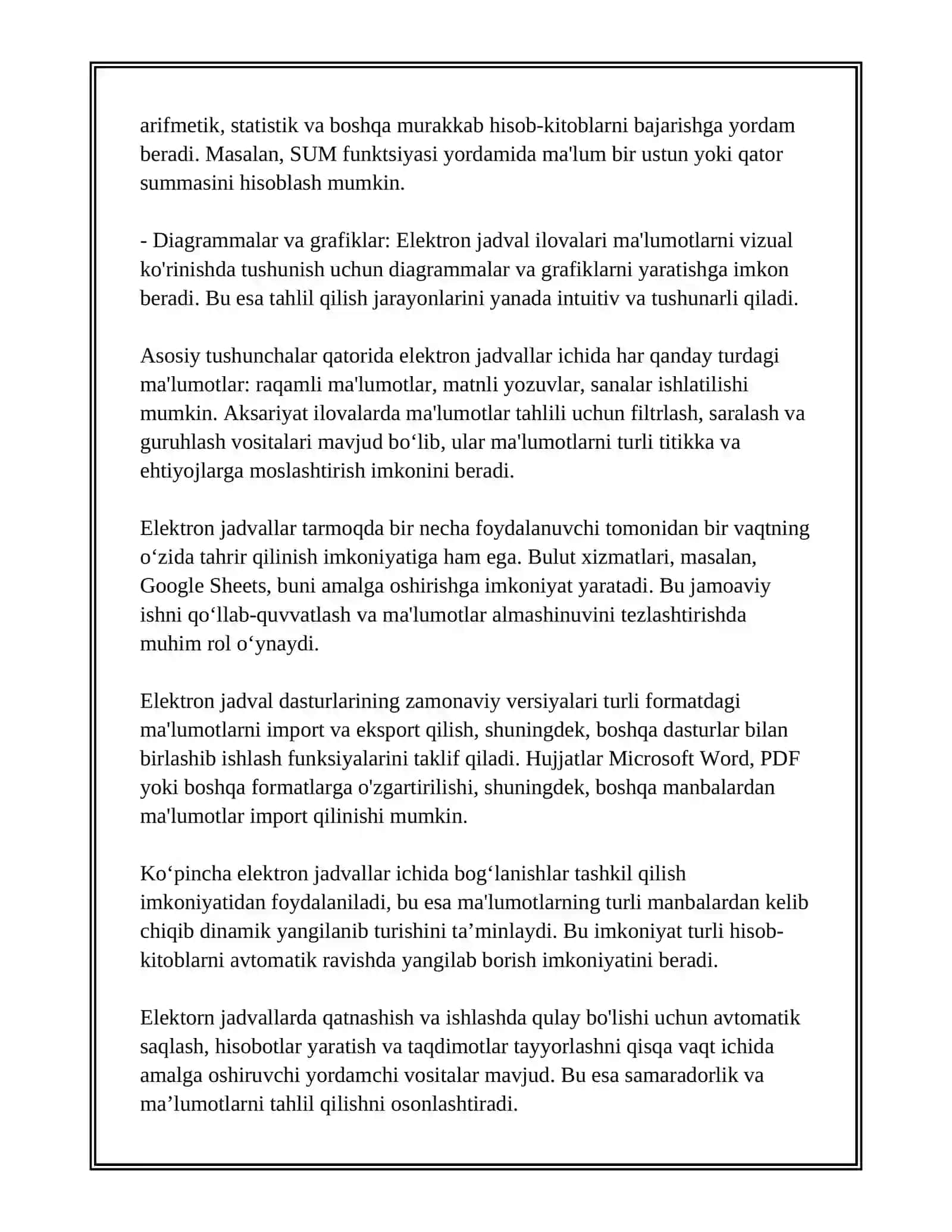 ELEKTRON JADVAL HUJJATLARINI YARATISH VA QAYTA ISHLASH VOSITALARI 4