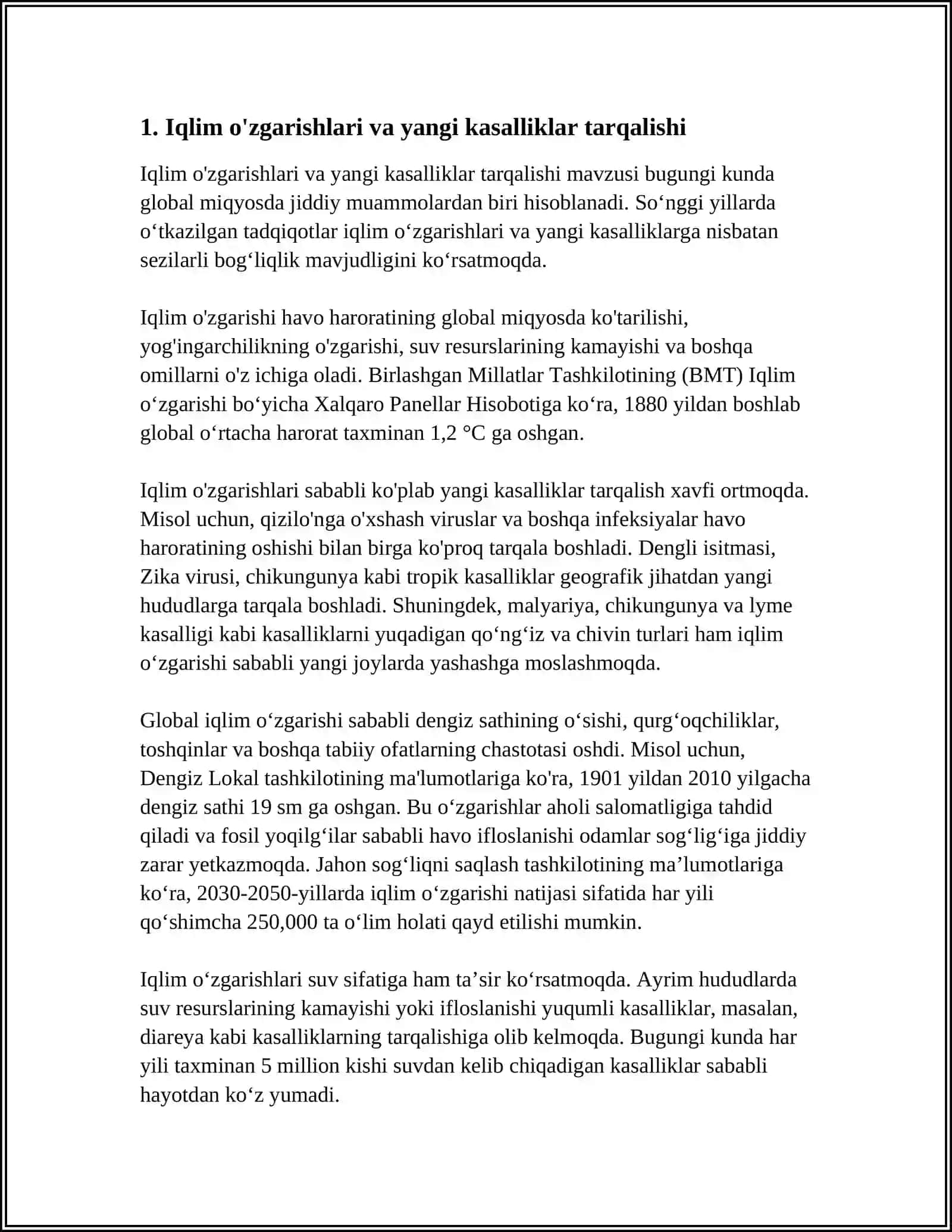KASALLIKLARNI GLOBAL TASHVISHI. IQLIM OʻZGARISHLARINING TIBBIY OQIBATLARI 4