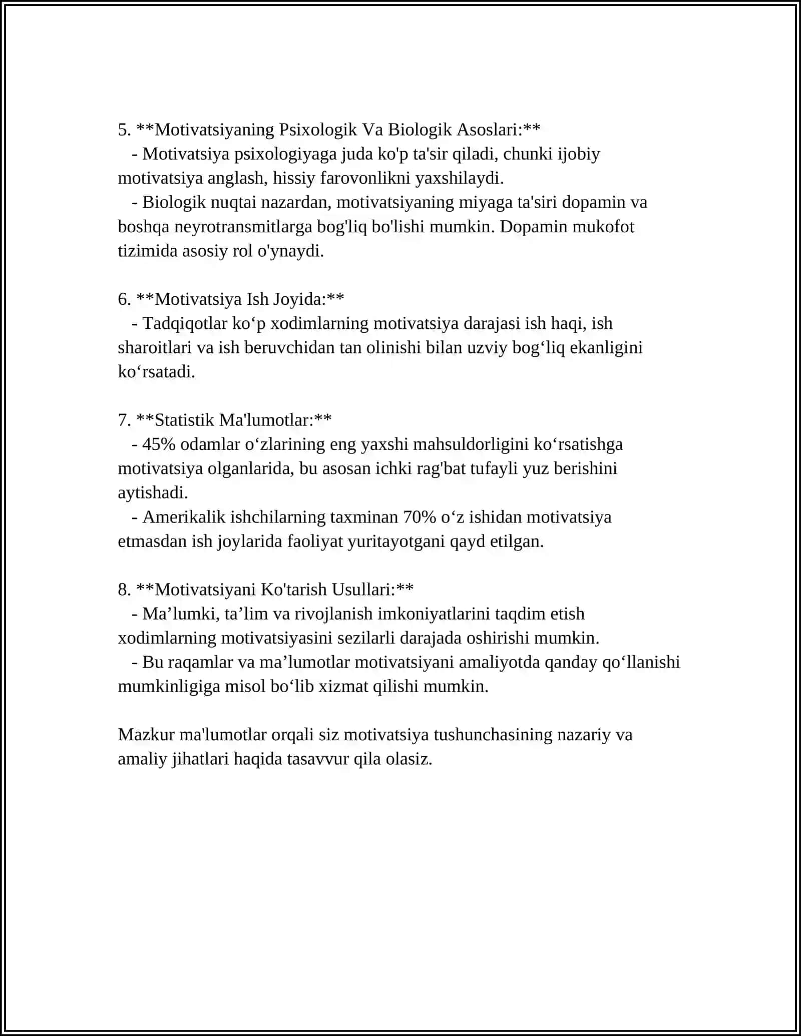 MUSTAQIL ISH Mavzu: MOTIV VA MOTIVATSIYA 4
