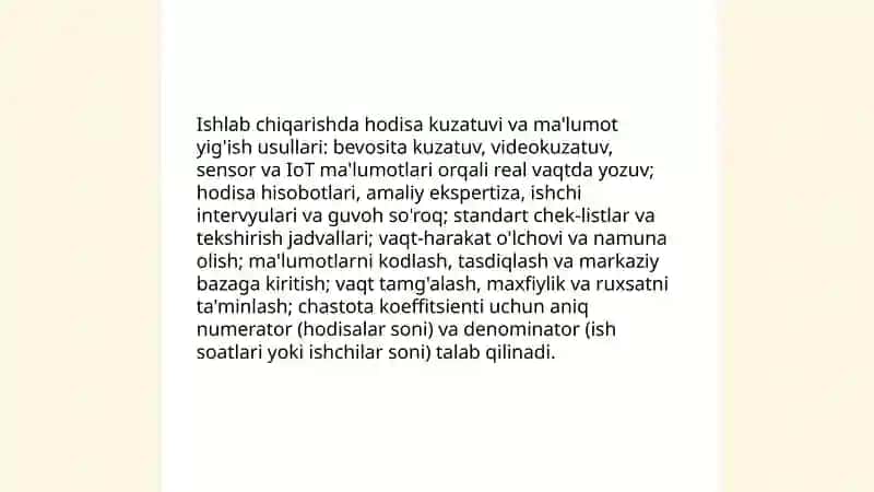 Ishlab chiqarishda baxtsiz hodisalarni tahlil qilish usullari va chastotali koeffitsientni aniqlash 4