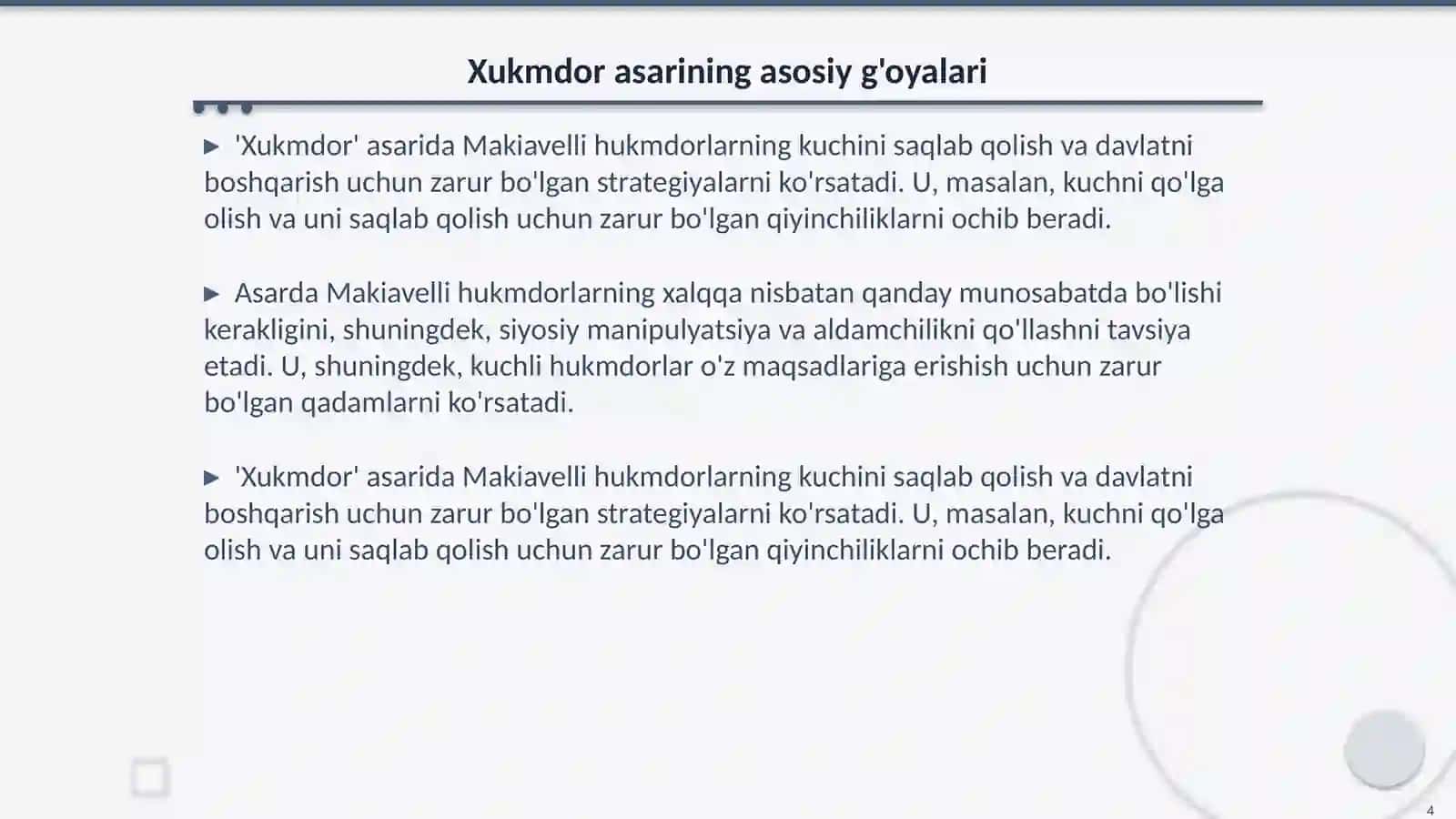 Makiavellining “Xukmdor” asari bo`yicha taqdimot tayyorlash 4