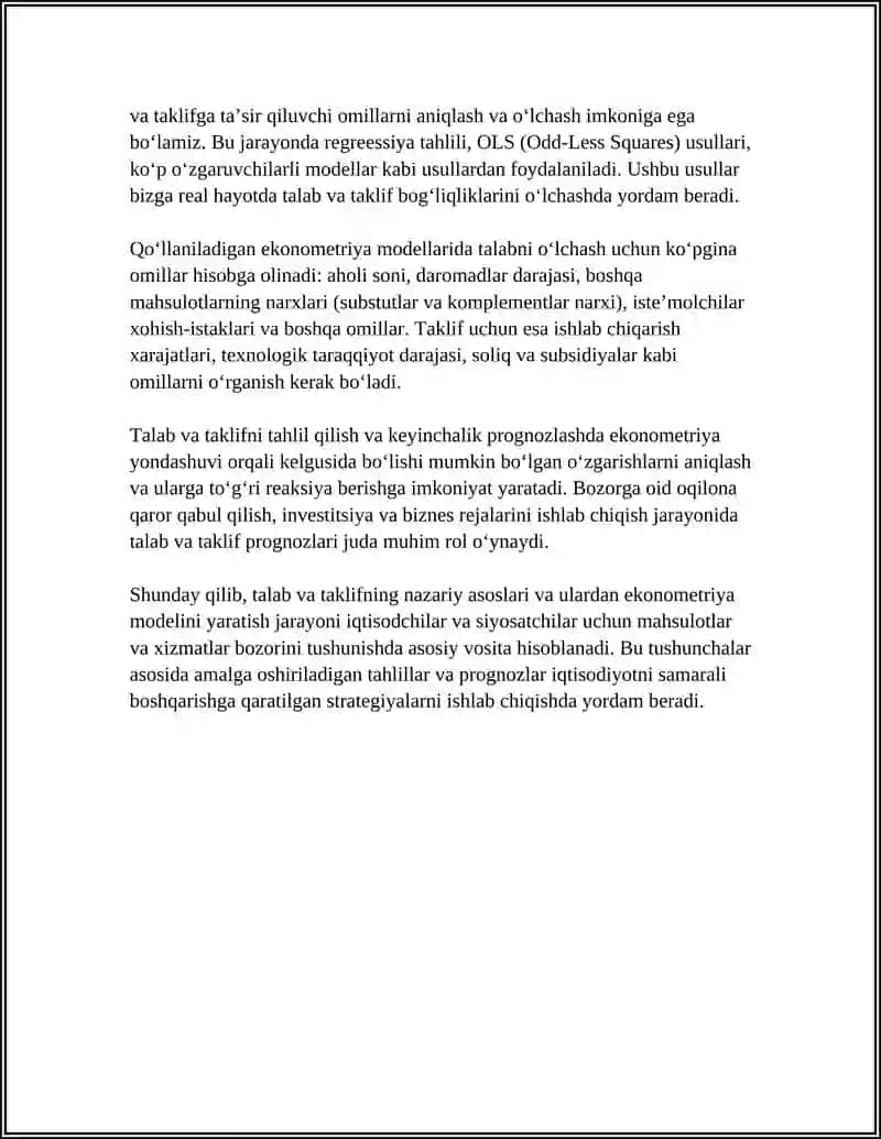 MAHSULOTGA BO’LGAN TALAB VA TAKLIFNING EKONOMETRIK MODELINI TUZISH VA PROGNOZINI AMALGA OSHIRISH 4