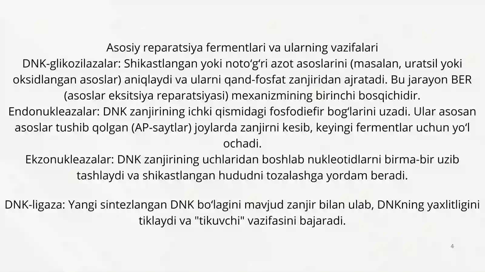 Reparatsiya fermentlari faoliyatining xilma-xilligi.Noallel genlarning oʻzaro tasi.Pleyatropiya. 4