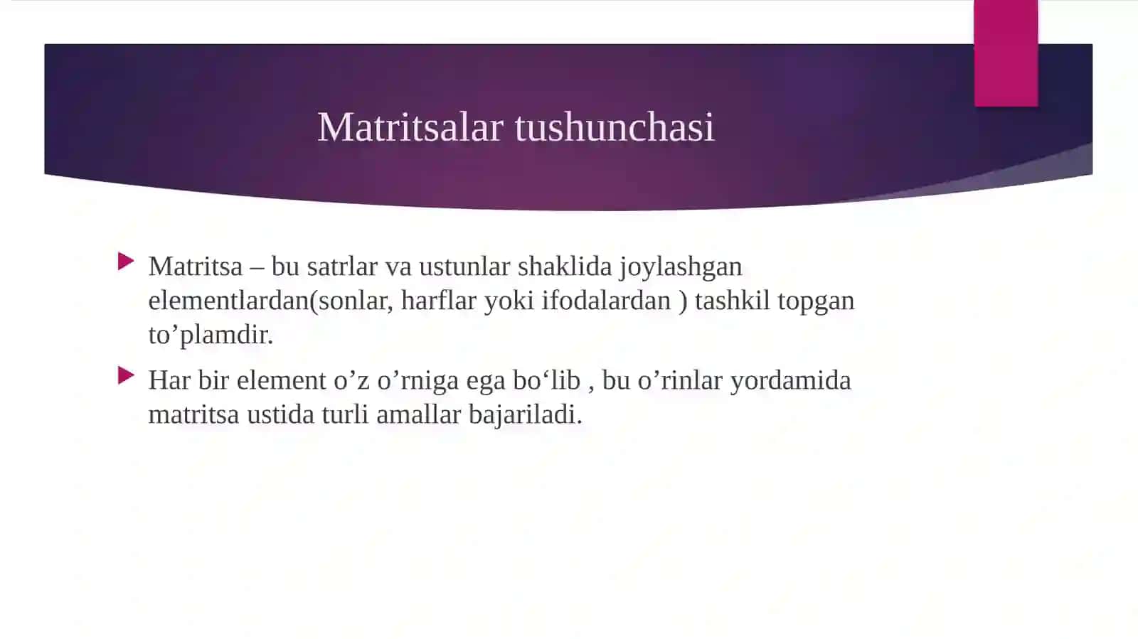 Matritsalar bilan ishlashni o‘qitish Matritsalarni qo‘shish, ko‘paytirish va determinant hisoblash dasturini C# da ishlab chiqib, uni dars metodikasi bilan bog‘lash 4