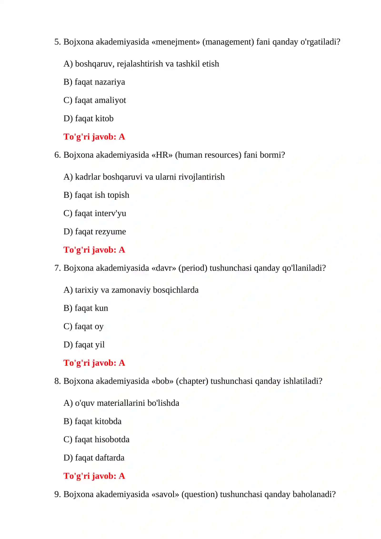 Bojxona Akademiyasi 100 ta test 4