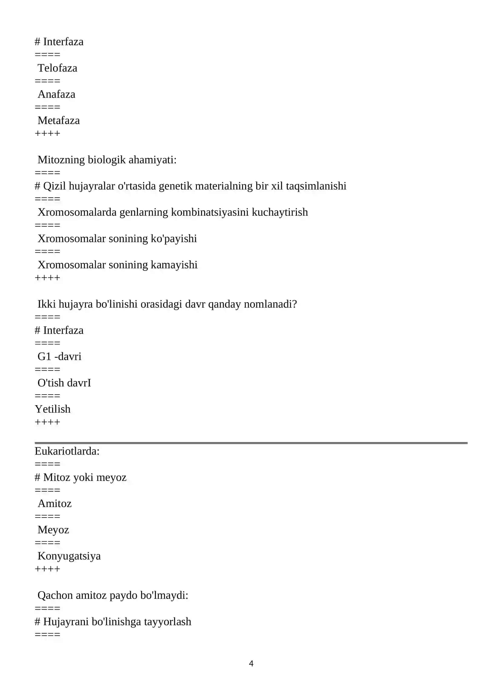 TIBBIY BIOLOGIYA FANIDAN PLATFORMA TEST HAMMASI 1-kurs 4