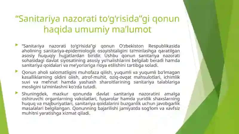 “Sanitariya nazorati to‘g‘risida”gi qonun bandlarini o‘rganish. 4