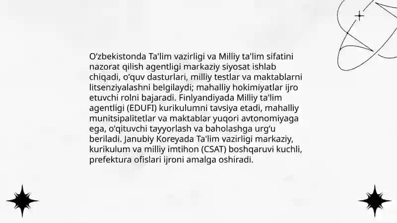 Ózbekizton talim tizimini boshqarish tuzulmasini boshqa davlat masalanFinlyandiya yoki Janubiy Koreya bilan solishtirib tahlili 4