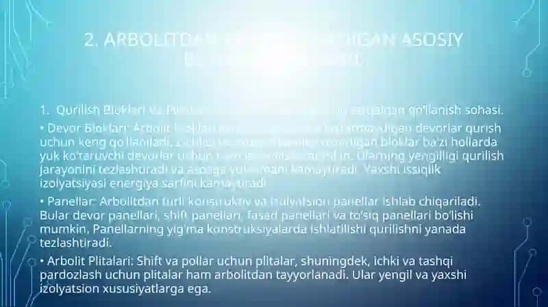 Arbolit Asosidagi Olinadigan Buyumlar Turari va Ishlatilish Sohalari 4