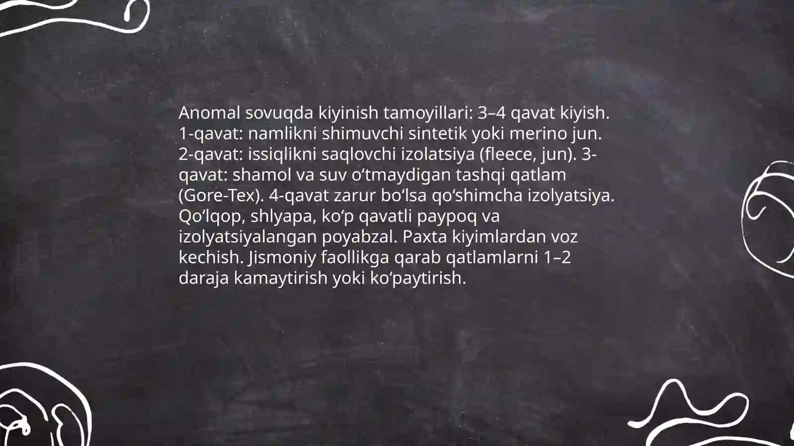 Iqlim o’zgarishi bilan bog’liq vaziyatlar( anomal sovuq, anomal issiq,havo ifloslanishida) to’g’ri harakatlanish tartibi 4