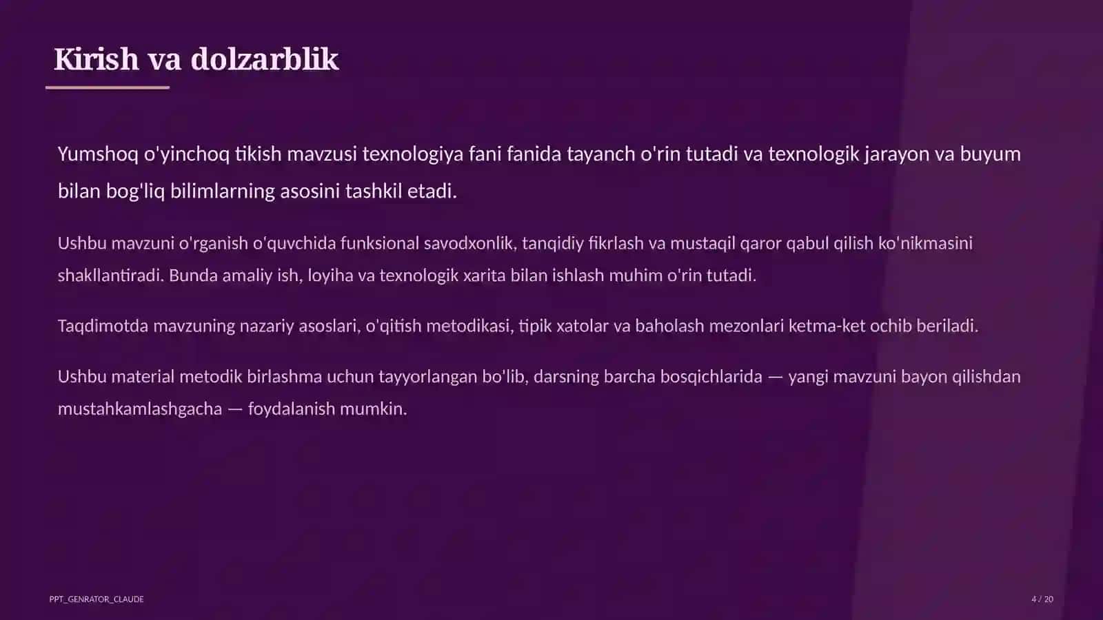 Texnologiya (1–11) — metodik birlashma uchun 4