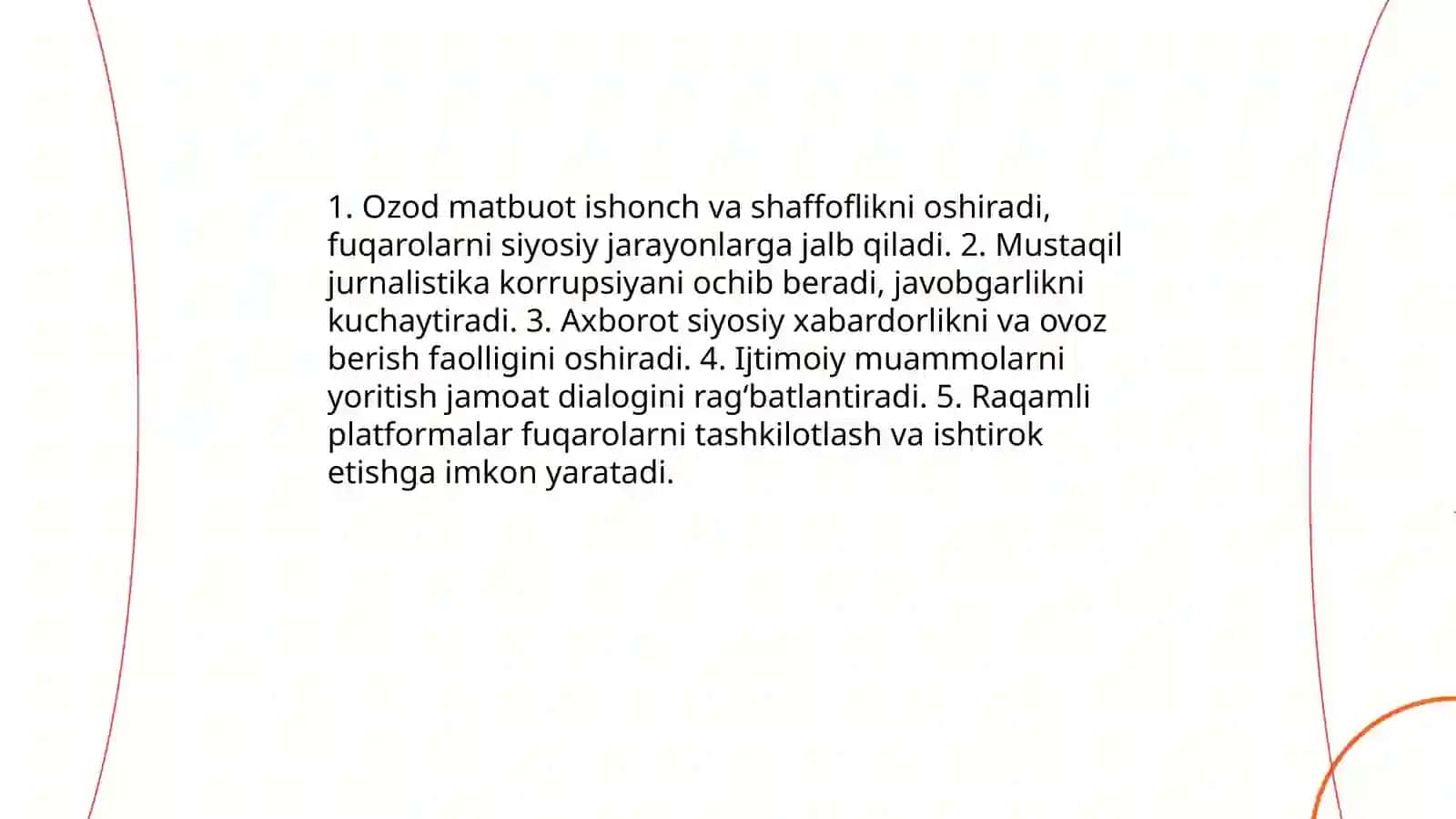 Oʻzbekistonning demokratik rivojlanishi va fuqarolarning jamiyat hayotidagi faolligini oshirishda ommaviy axborot vositalari va axborotning ahamiyati 4