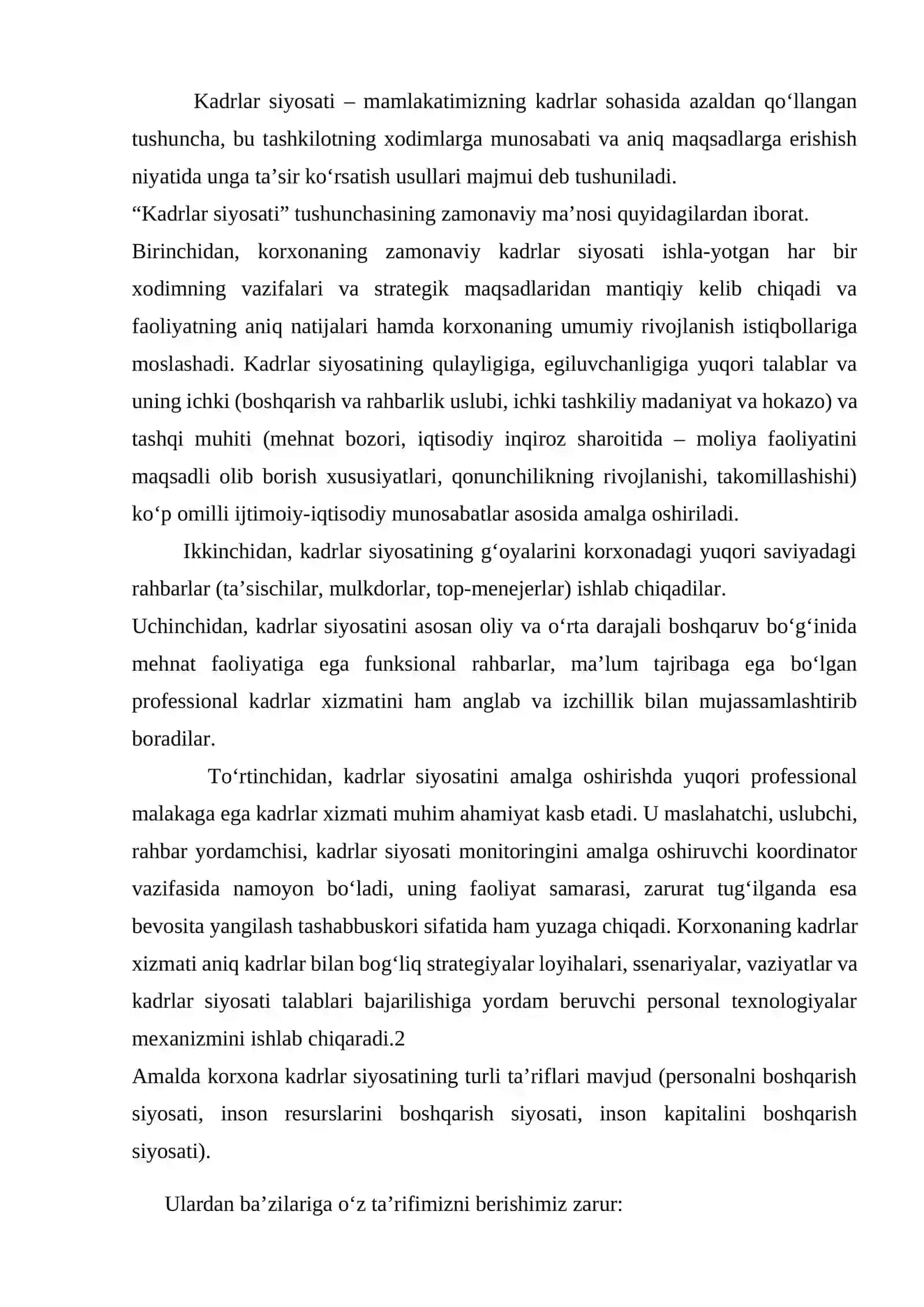 Korxonada xodimlar siyosati va ularning korxona faoliyatidagi oʻrini 4