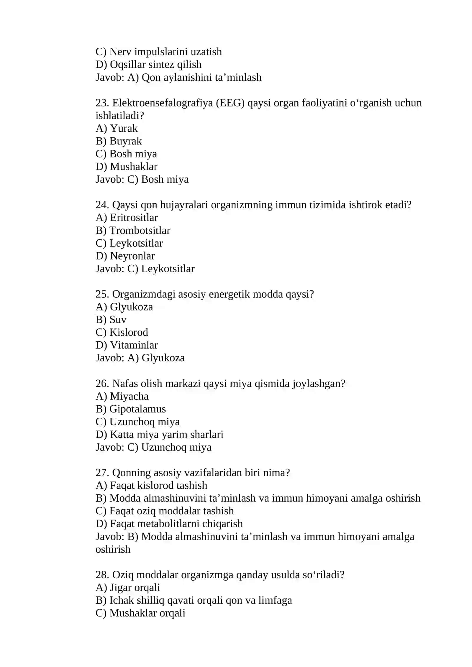 Fiziologiya fani haqida test savollar 4