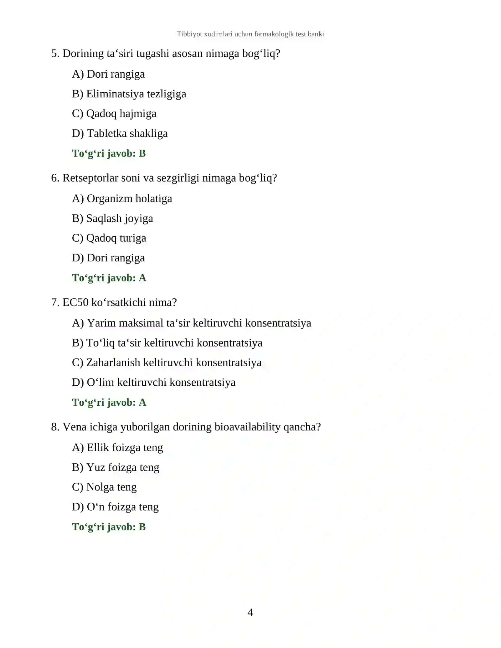 Tibbiyot xodimlari uchun farmakologik test banki 4