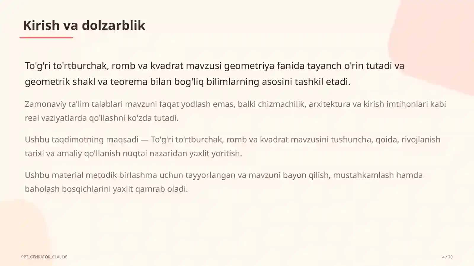 To'g'ri to'rtburchak, romb va kvadrat (8-sinf) 4