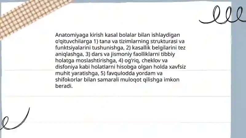 Pedagogika oliy oʻquv yurtlarida kasal bolalar bilan ishlaydigan oʻqituvchilarga tibbiyot fanlarni fanlarni oʻqitilishi kerak 4