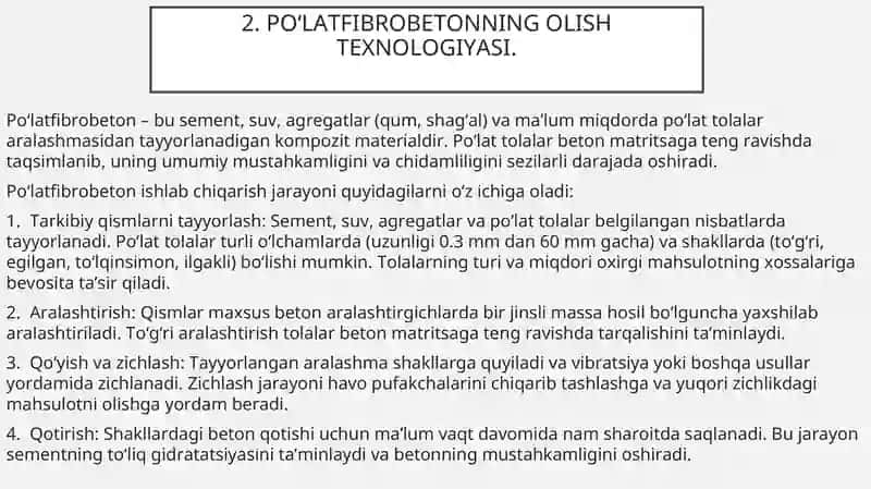 Po‘latfibrobeton Olish Texnologiyasi, Xossalari va Ishlatilish Sohalari 4