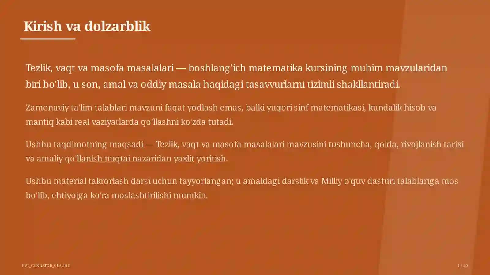 Tezlik, vaqt va masofa masalalari (4-sinf) 4