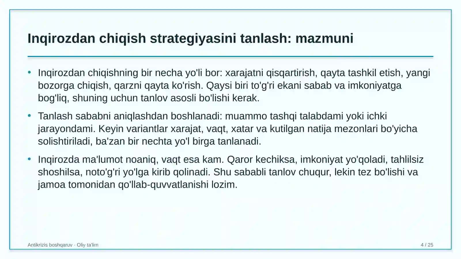 oliy ta'lim muassasalarida inqirozdan chiqish strategiyasini tanlash 9189 4