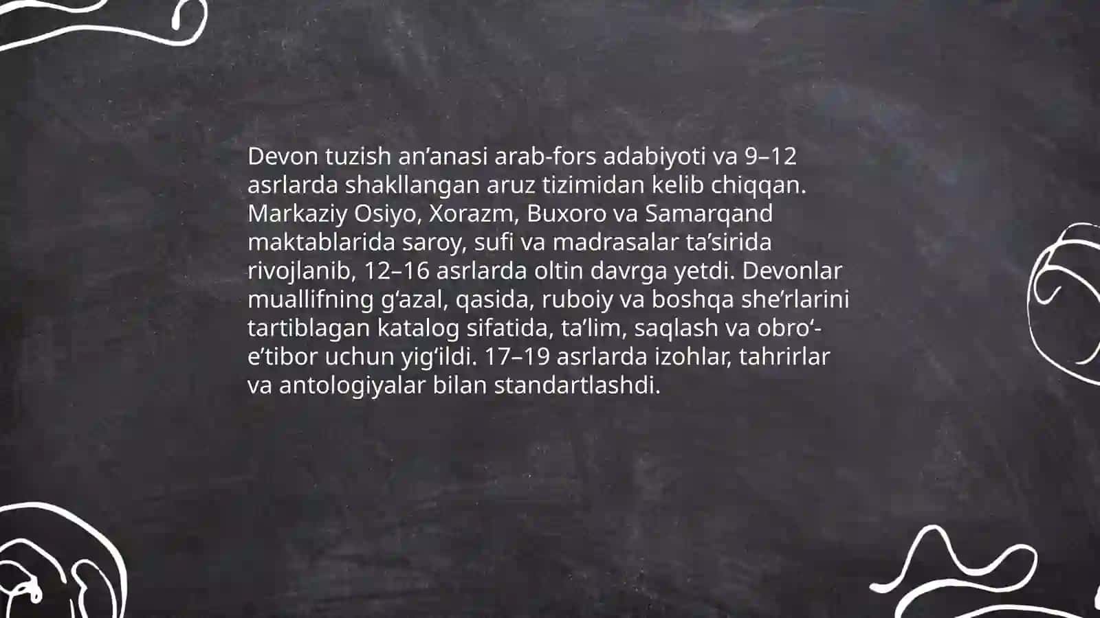 Sharq mumtoz adabiyotida devon tuzish an’anasi va uning ko‘rinishlari yuzasidan taqdimot tayyorlash 4