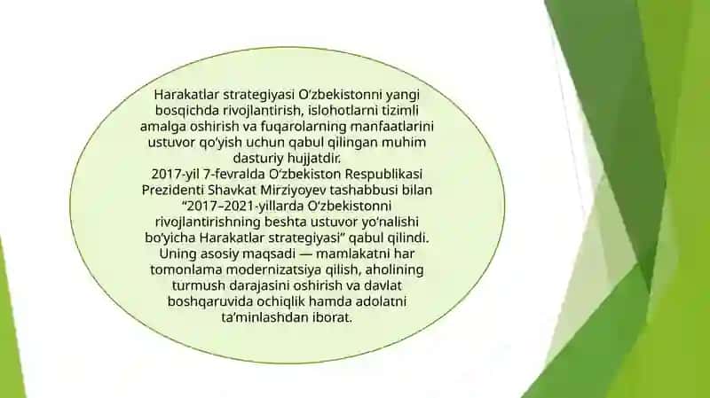 2017-2021-yillarda O'zbekistonni rivojlantirishning beshta ustuvor yo'nalishi "harakatlar strategiyasi" ning qabul qilinishi 4