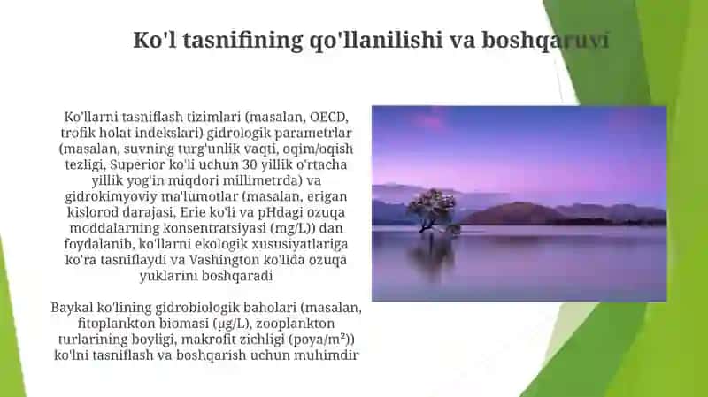 Koʻllarning umumiy tasnifi: gidrologiyasi, gidrokimyosi, gidrobiotsenozi 4