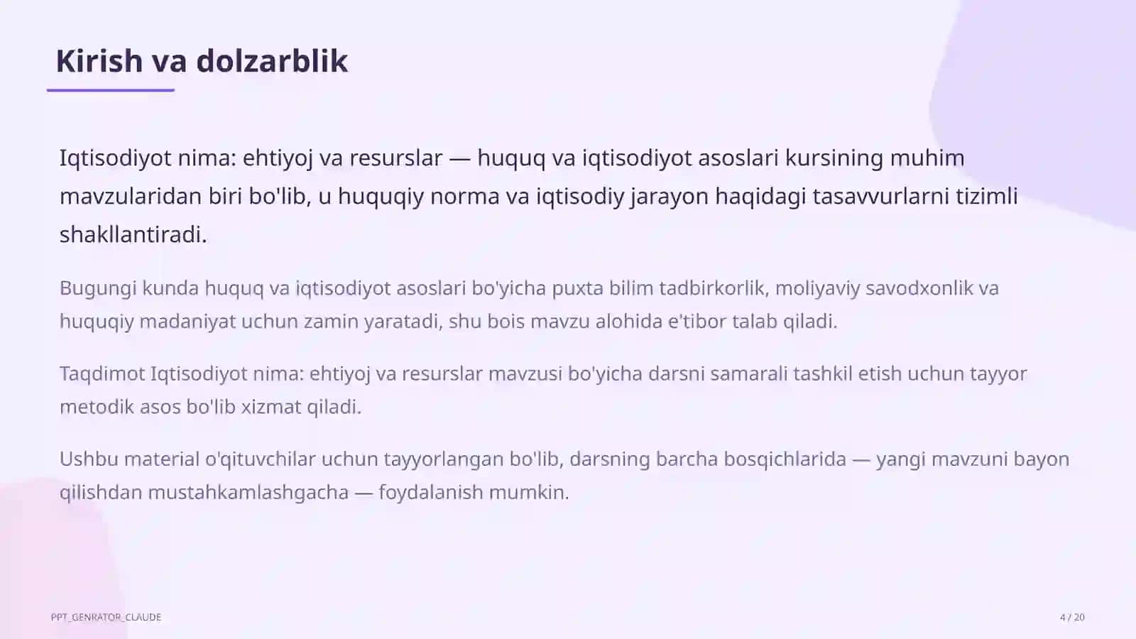 Iqtisodiyot nima: ehtiyoj va resurslar (9-sinf) Huquq va iqtisodiyot asoslari (9-11) — o'qituvchilar uchun 4
