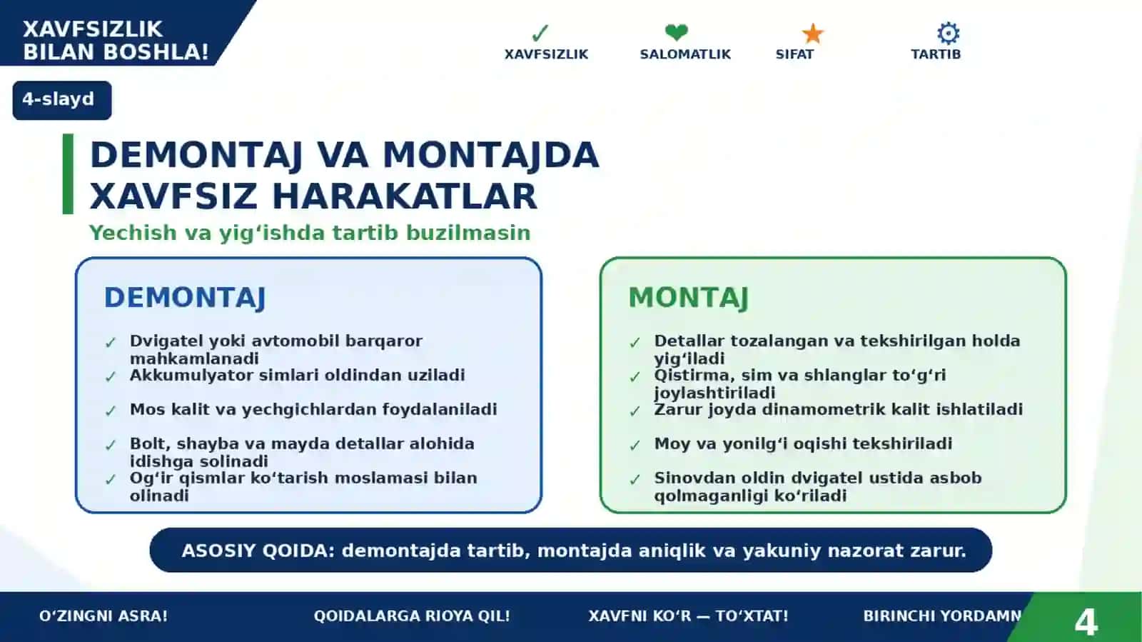 Avtomobil dvigatelini ta’mirlashda texnika xavfsizligi qoidalariga rioya qilish.Birinchi yordam 4