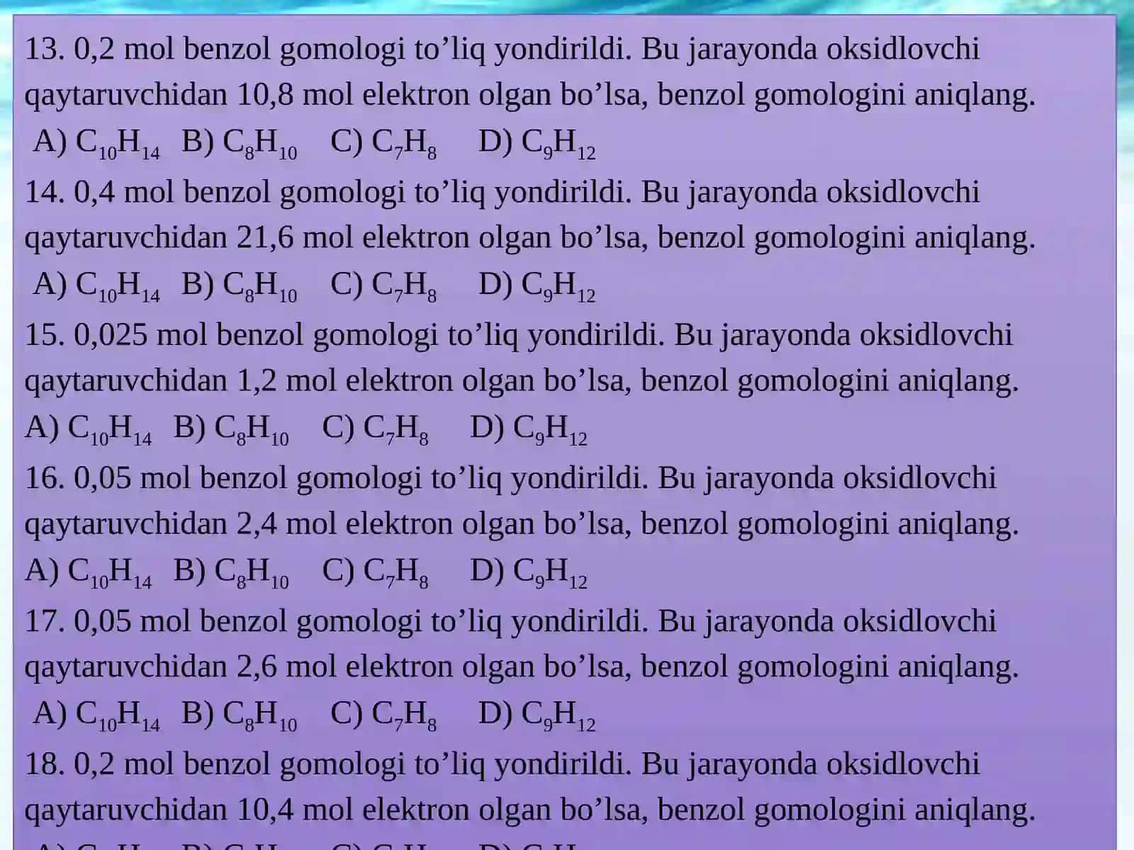 Benzen, toluol, etilbenzol va metilbenzol molekulalaridagi bog'lar soni 4