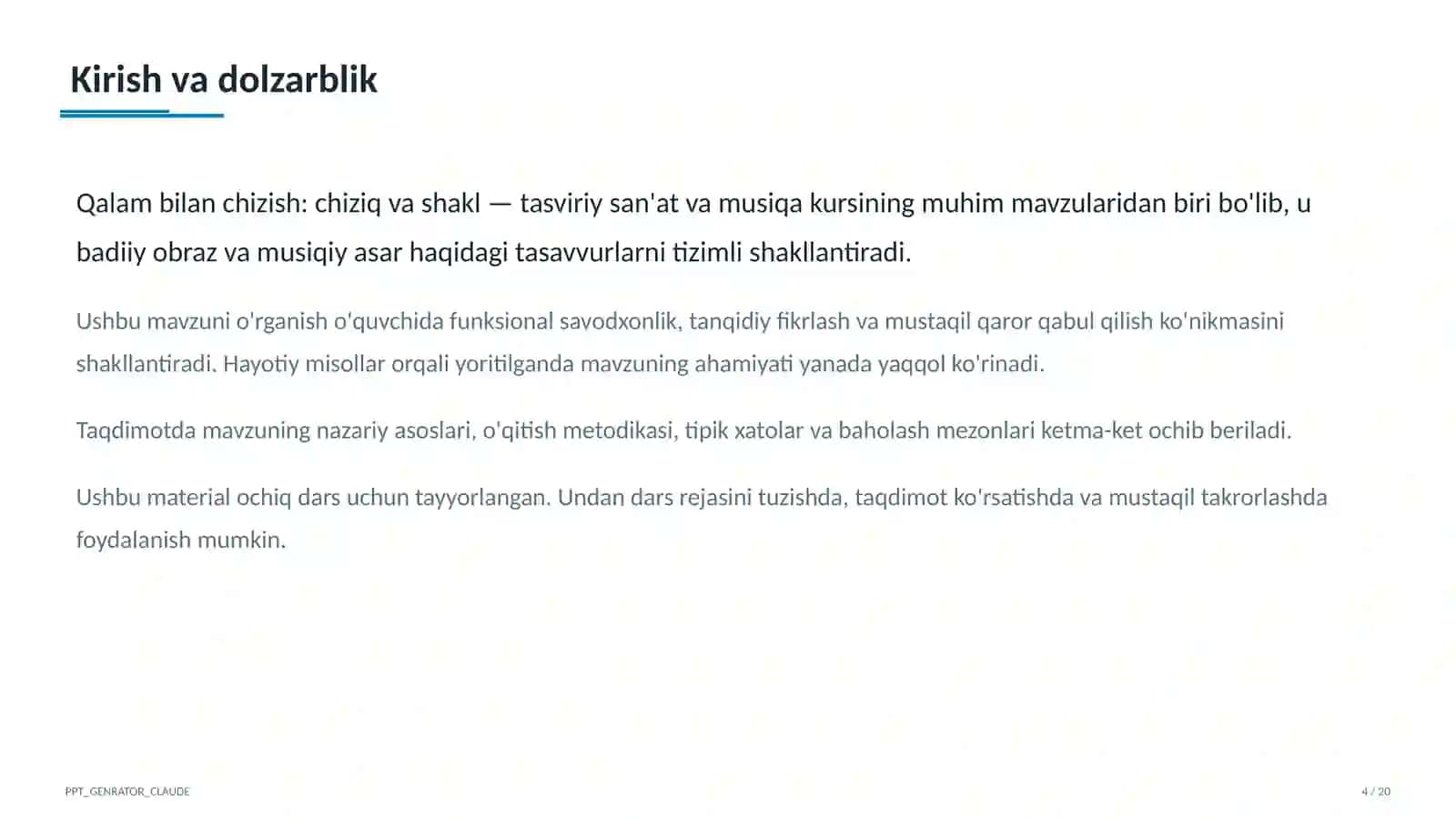 Tasviriy san'at va musiqa (1–7) - ochiq dars uchun 4