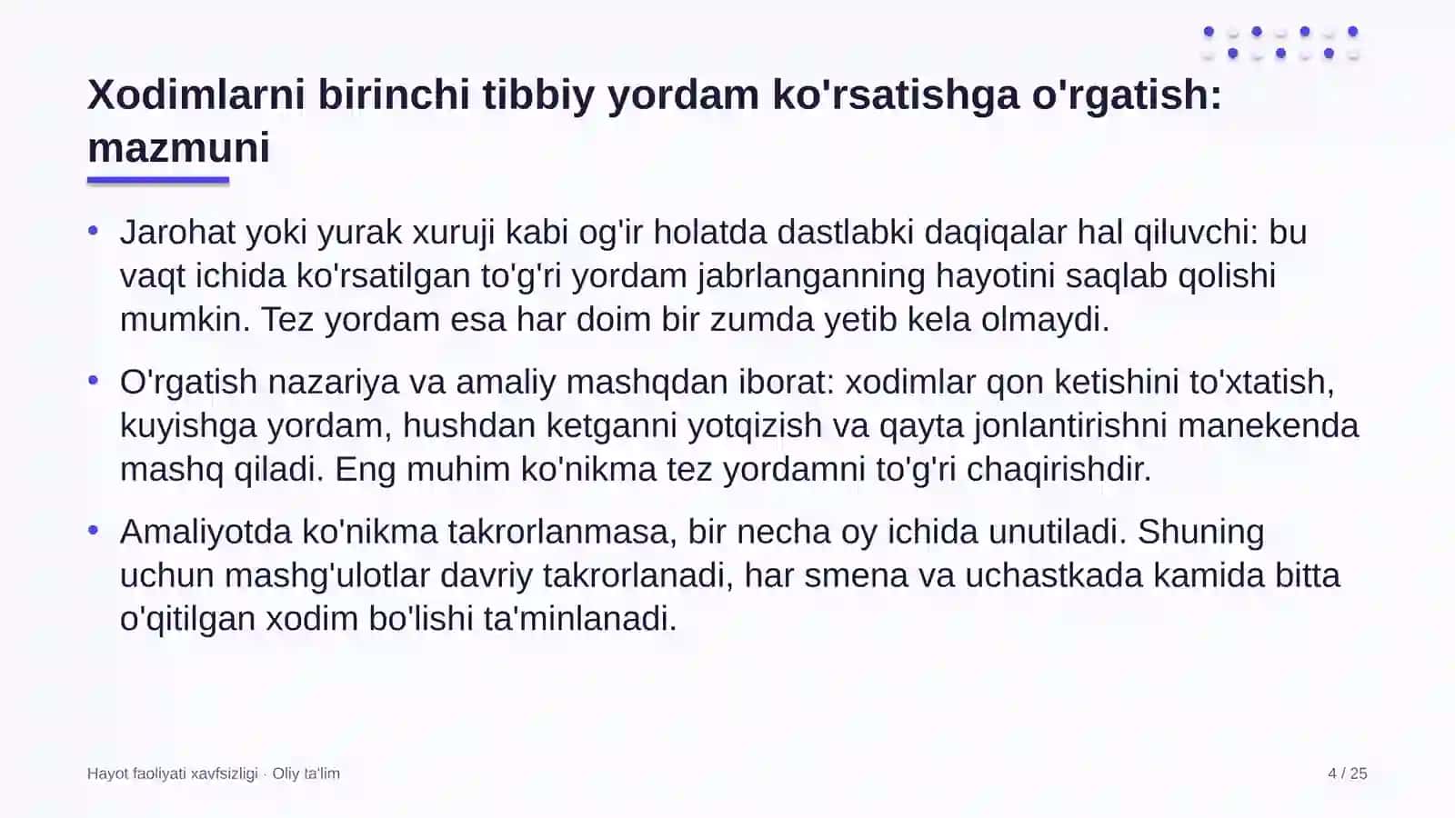 erkin iqtisodiy zonalarda xodimlarni birinchi tibbiy yordam ko'rsatishga o'rgatish 6091 4